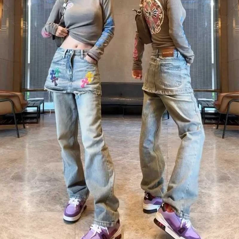 设计感潮流窄版直筒牛仔裤女大码春秋小个子显瘦屁帘假两件裤裙