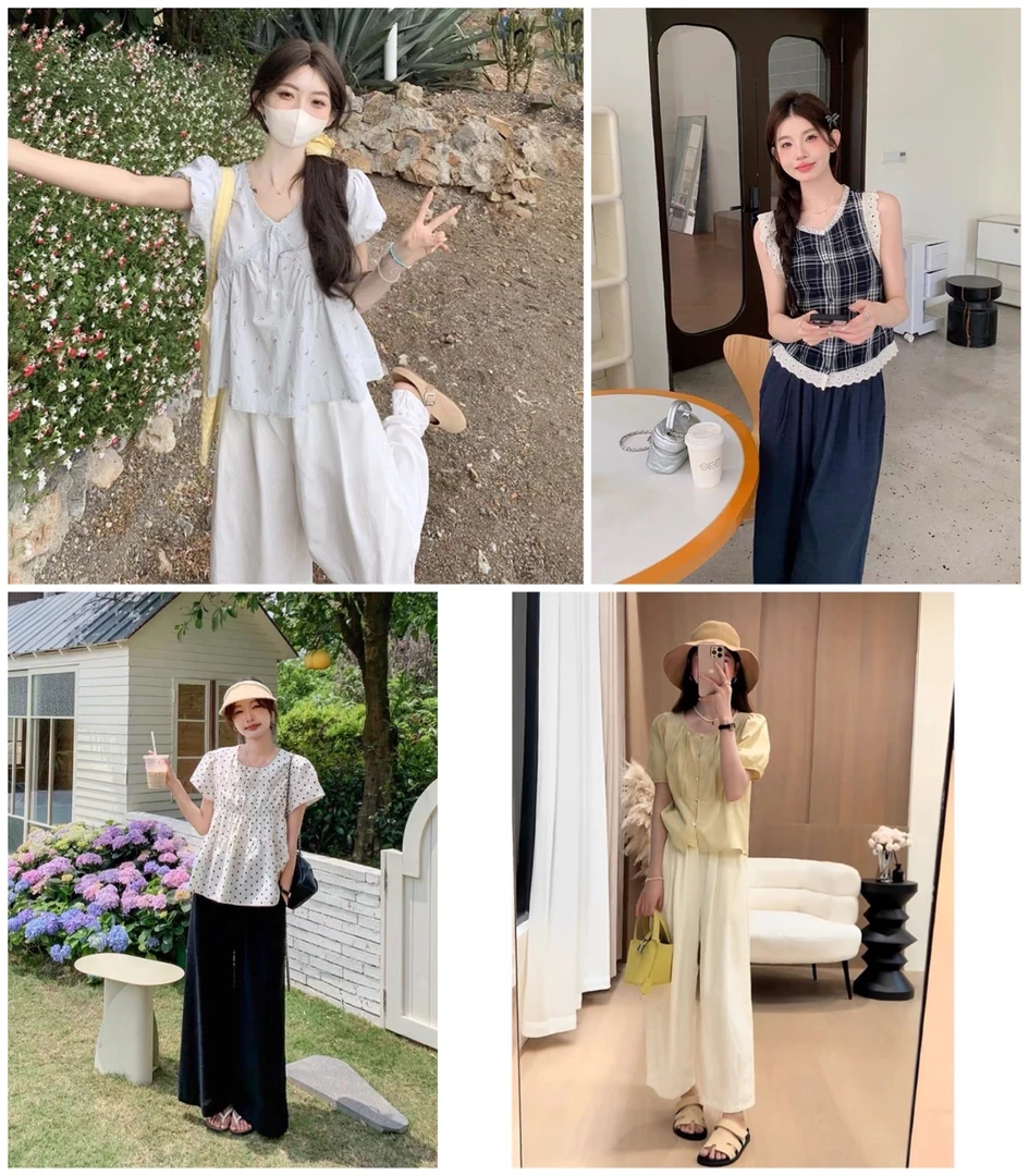 201上衣加阔腿裤两件套 新款时尚显瘦设计衬衫洋气碎花夏季韩版