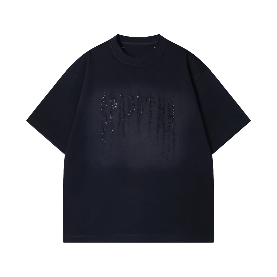 夏季高级感新款美式痞帅烫钻圆领短袖T恤显瘦百搭设计感套头上衣