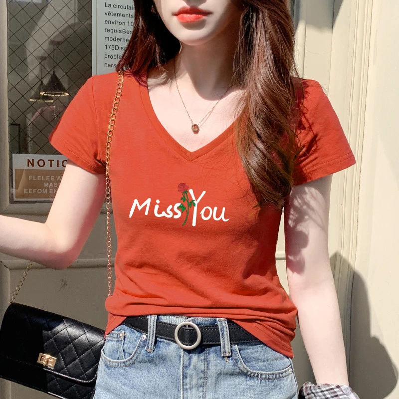 正肩短袖T恤女2025新款夏季修身显瘦韩系春装橘色百搭半袖V领上衣