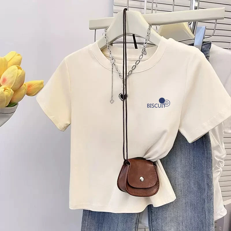 杏色正肩t恤短袖女装2025夏季新款时尚休闲宽松百搭上衣小众韩版