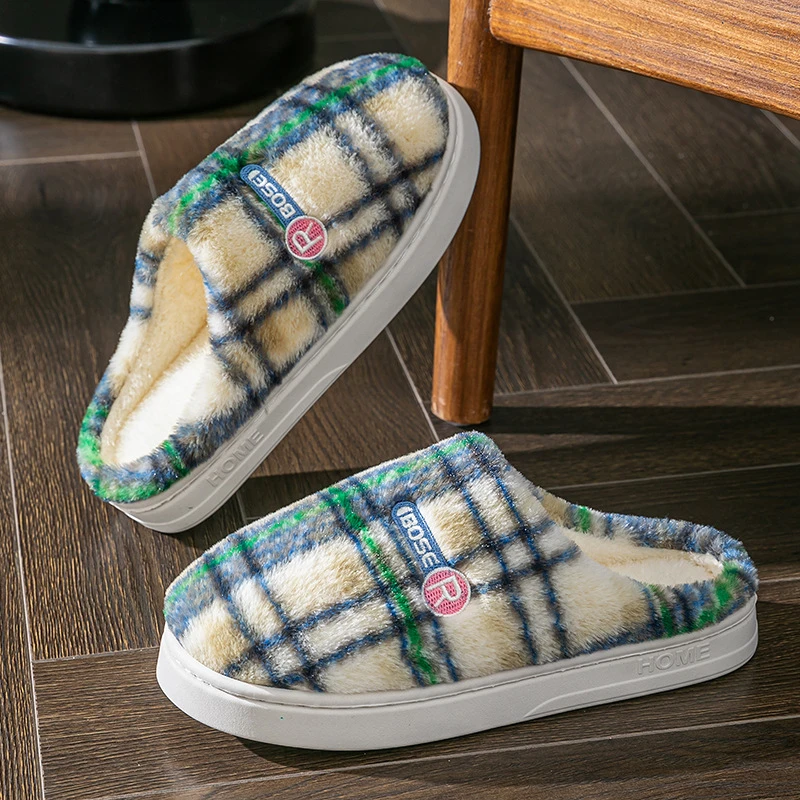居家棉拖鞋女2025冬季新款室内居家加绒保暖厚底防滑彩色格子棉拖