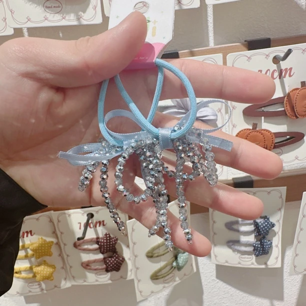 c0285-J蓝色串珠蝴蝶结发绳一对【满15包邮发货】可爱仙女儿童发饰