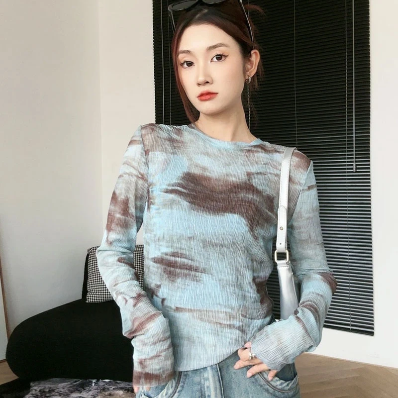 美式小众扎染长袖T恤女2025夏季新款ins薄款透气防晒罩衫上衣