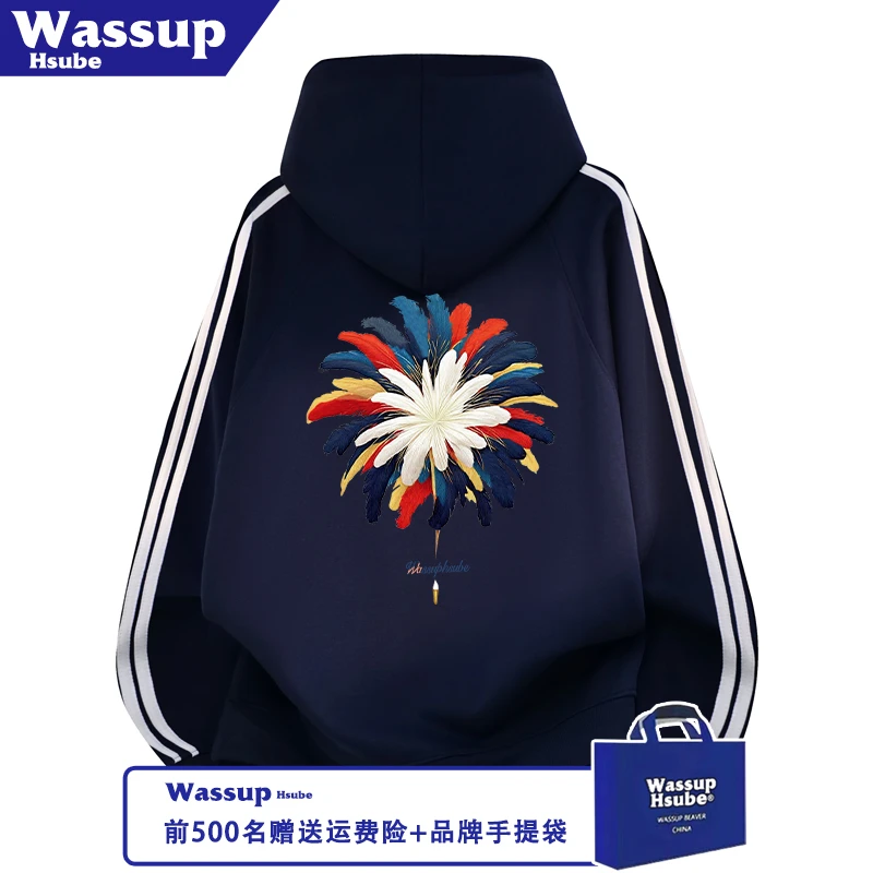 WASSUP HSUBE炫酷彩色羽毛印花连帽三条杠上衣秋冬加绒男女款卫衣