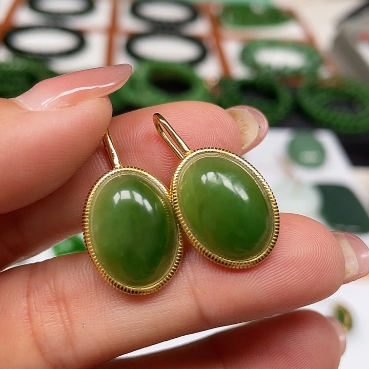 和田玉（碧玉）银S925镶嵌耳饰