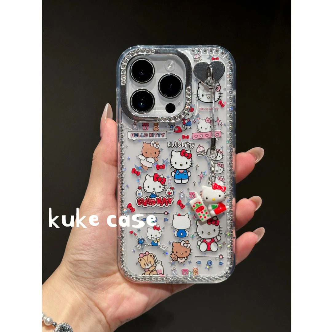 【适用苹果】ins可爱少女闪钻闪粉Kitty透明手机壳iPhone16Pro