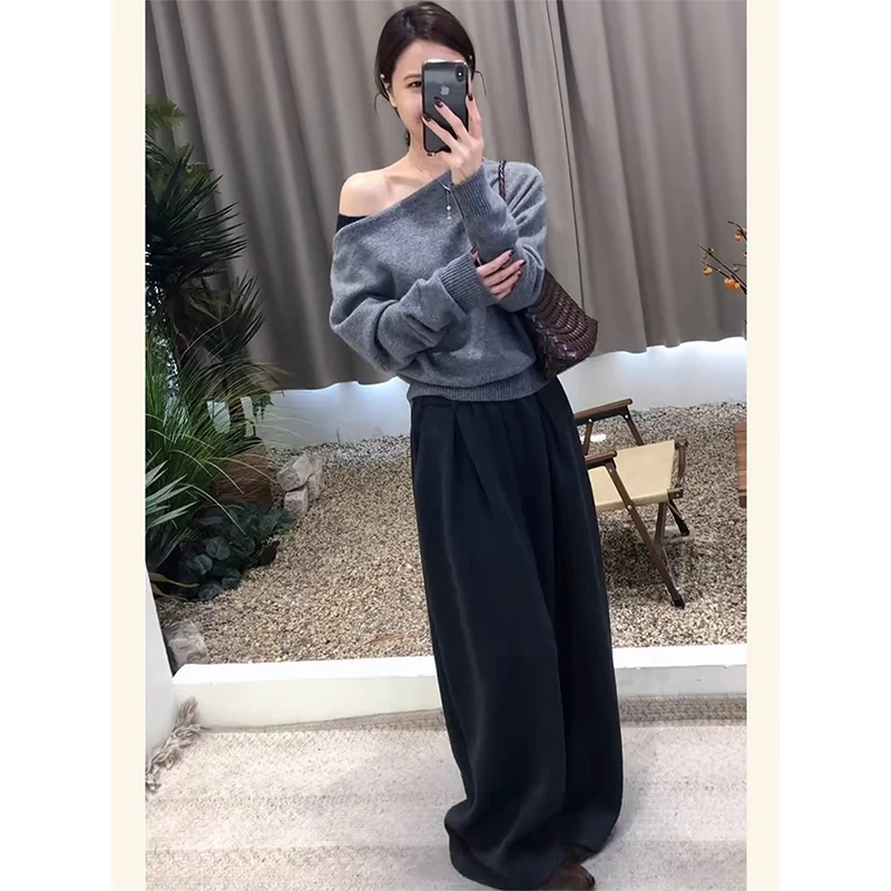 早秋流行韩系慵懒松弛感穿搭高级感巨好看大方得体斜肩针织套装裤