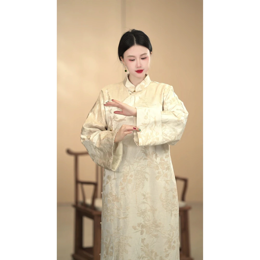 「书卷气」新中式秋冬款气质纯色加厚长裙日常复古时尚中国风汉服