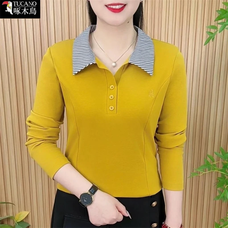 啄木鸟新款纽扣翻领显瘦上衣中年减龄女春秋长袖刺绣条纹撞色T恤