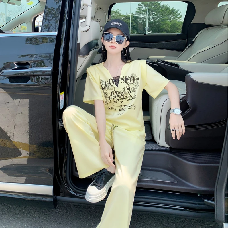 网红洋气炸街女装时尚减龄显瘦休闲运动印花短袖阔腿裤两件套装