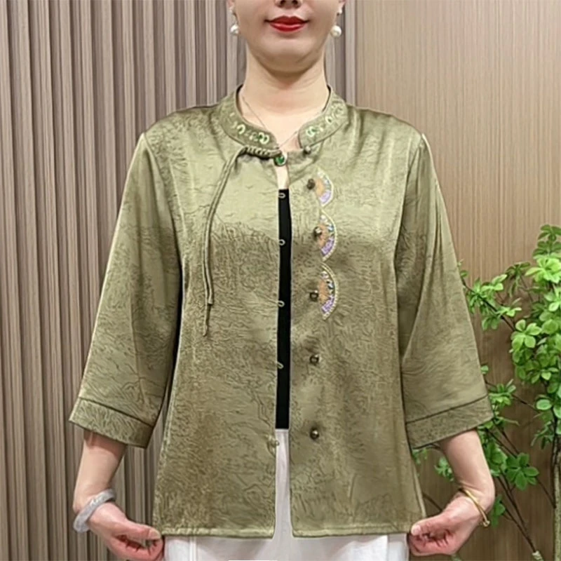 中老年女装国风刺绣衬衫2025新款妈妈装春夏七分袖开衫衬衣上衣