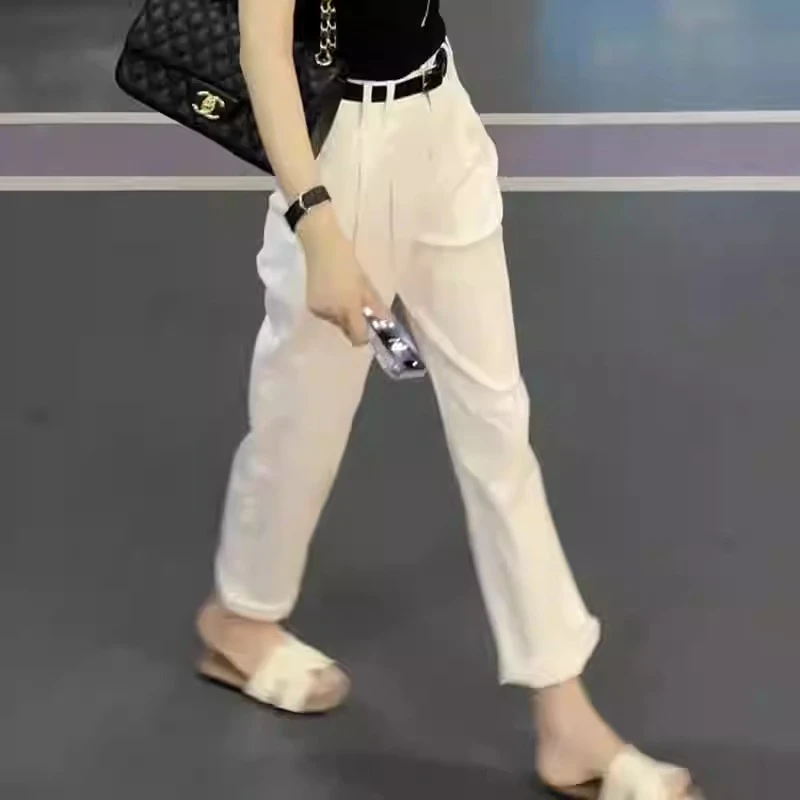 白色裤子夏季薄款休闲九分裤胖mm大码女装梨形身材高腰显瘦哈伦裤