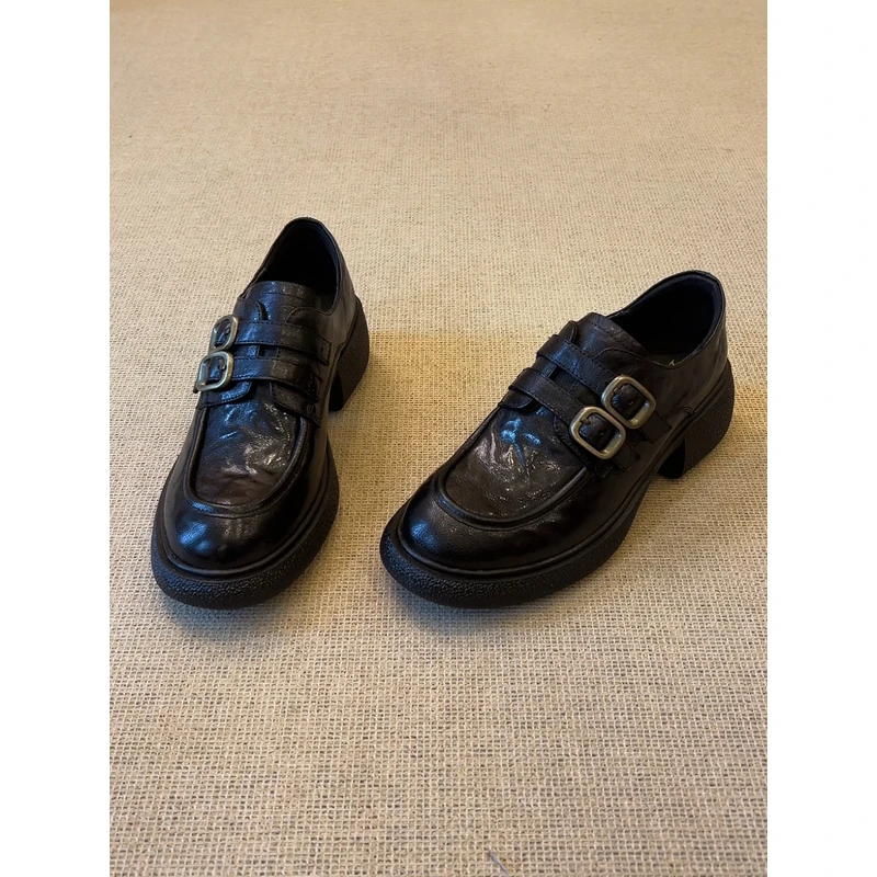 nnmiss·34-40/5cm简约复古圆头双扣带静音底小皮鞋百搭粗跟乐福鞋