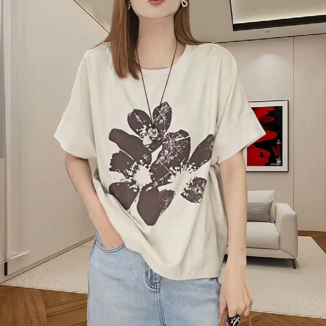 夏季新款宽松圆领印花蝙蝠袖T恤女2025休闲设计时尚百搭气质上衣