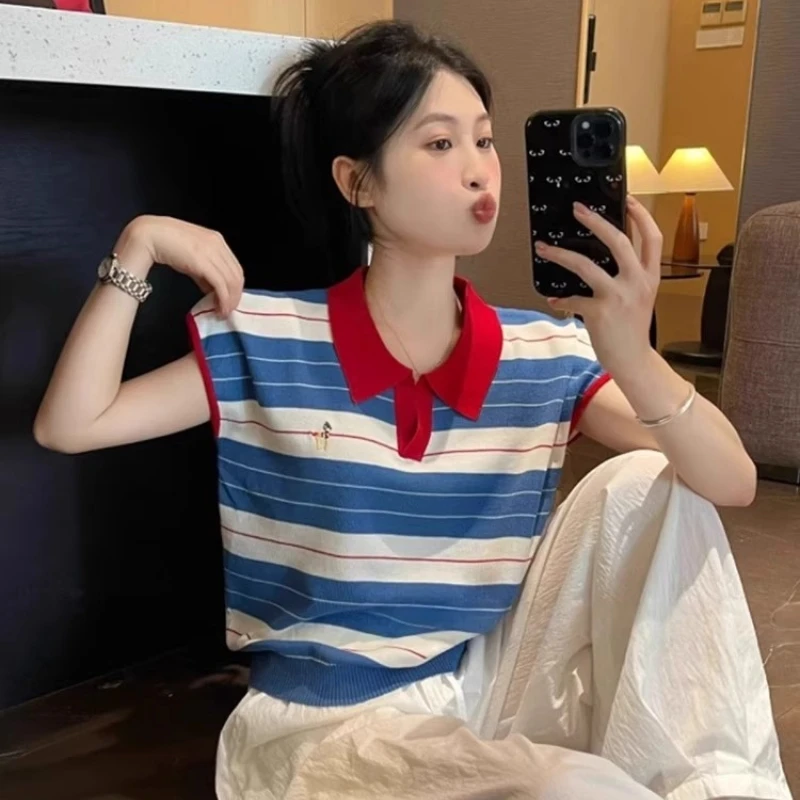 网红时髦撞色Polo领针织短袖T恤上衣女夏季新款洋气独特漂亮小衫