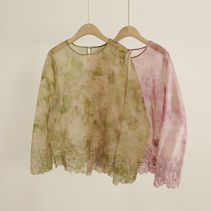 新中式100%桑蚕丝复古镂空刺绣上衣（250580）2829