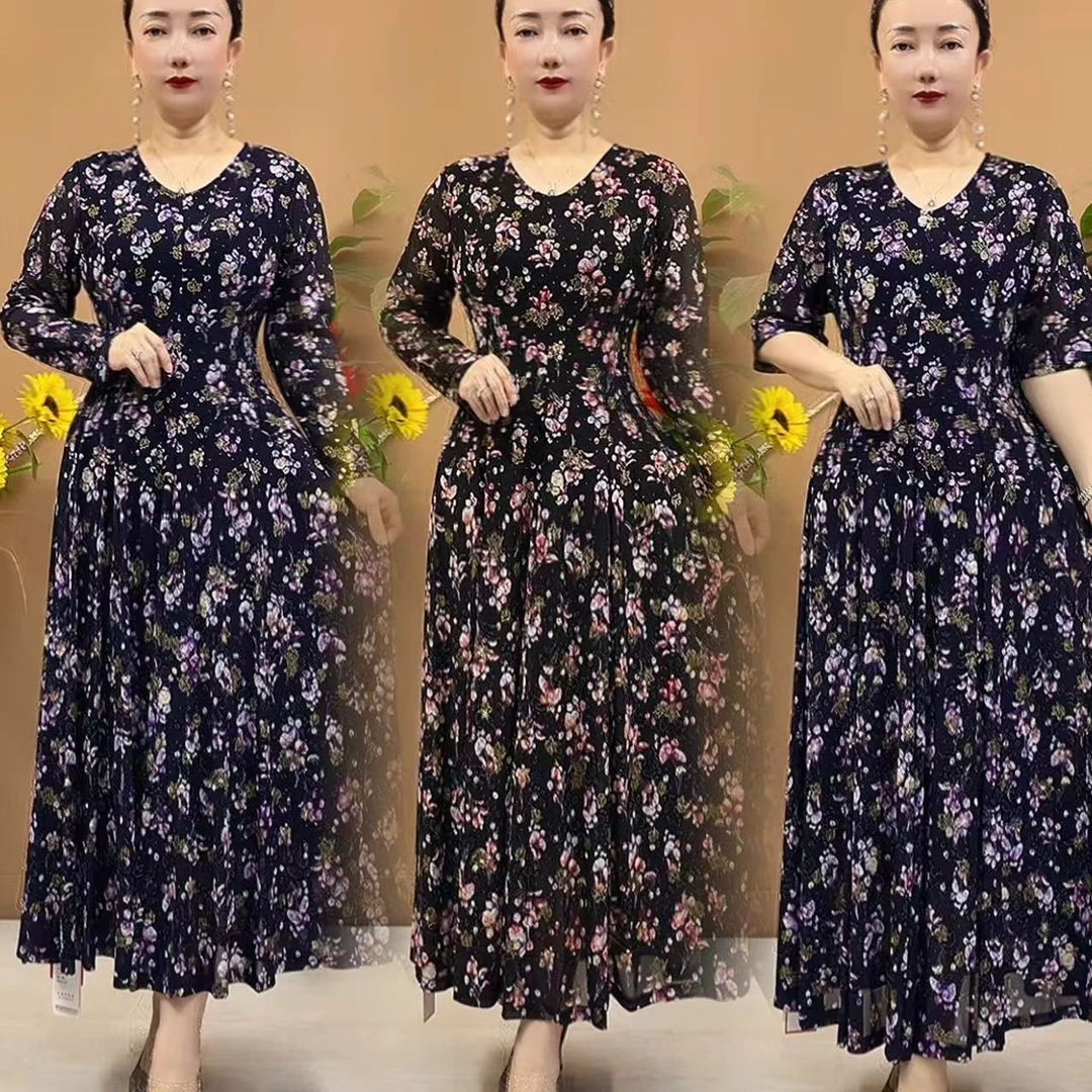 春夏新款台湾沙弹力桃花组防晒过膝遮肚妈妈大码长裙2508