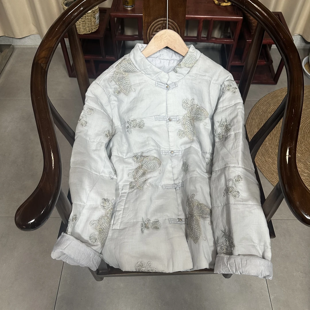 295 2026年新款苎麻刺绣手工服装古风白色立领中国风棉服