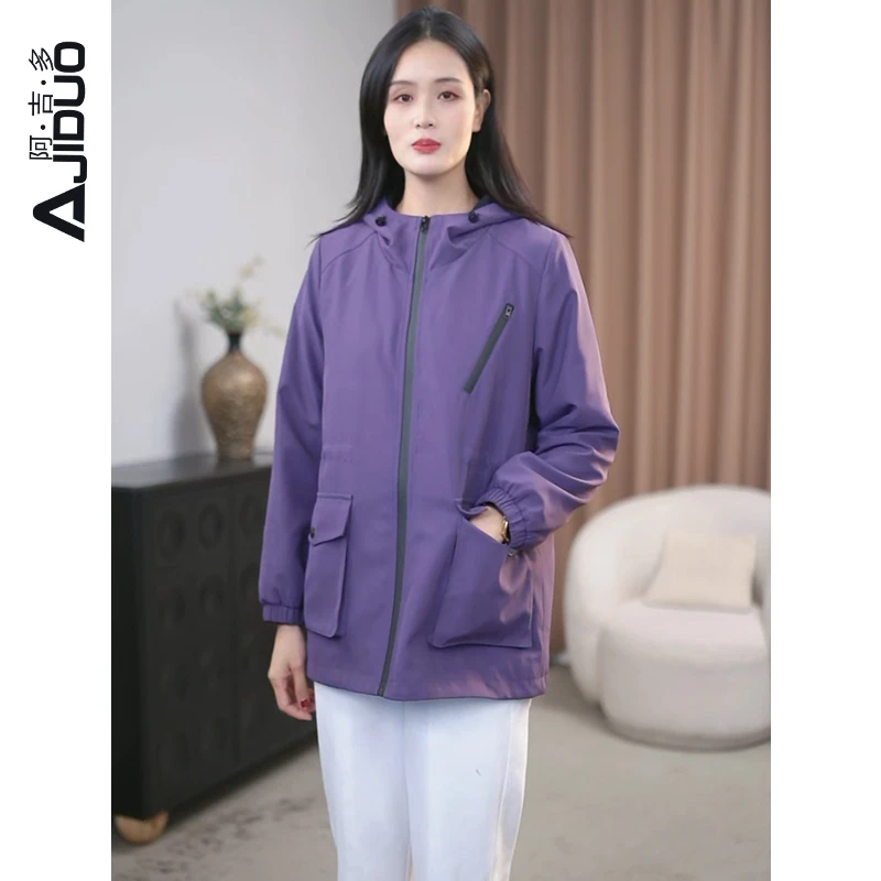 阿吉多A22605紫色防风连帽外套秋冬新款时尚户外夹棉保暖棉服外套