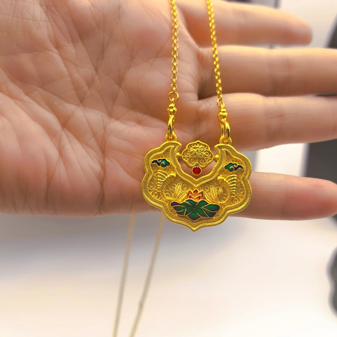 铜合金项链 国潮风珐琅彩福运连连锦鲤如意锁包烧蓝坠链毛衣链