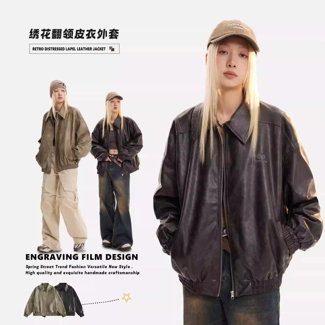 caattee皮衣常规款水洗百搭翻领宽松型复古外套常规厚度春季