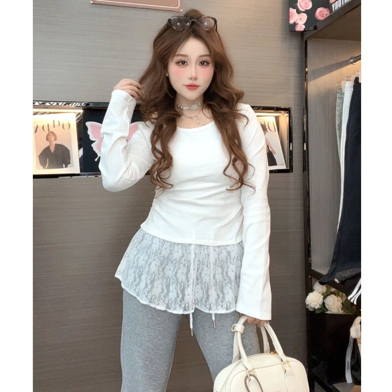 清仓捡漏春秋白色花边个性休闲长袖体恤早秋蕾丝拼接t恤打底上衣