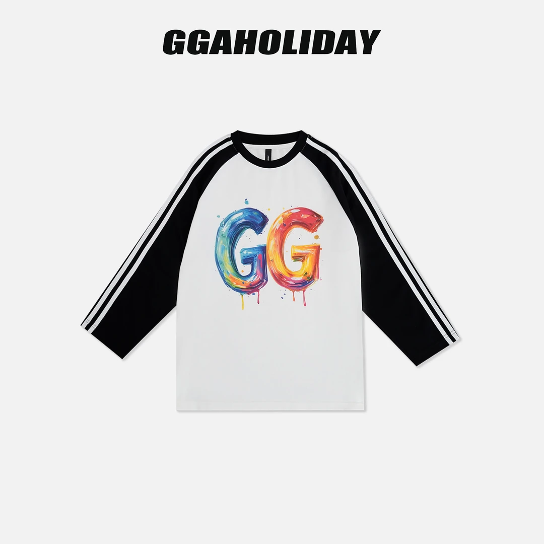 GGAHOLIDAY秋季新款时尚休闲宽松撞色圆领印花潮流长袖T恤-154021