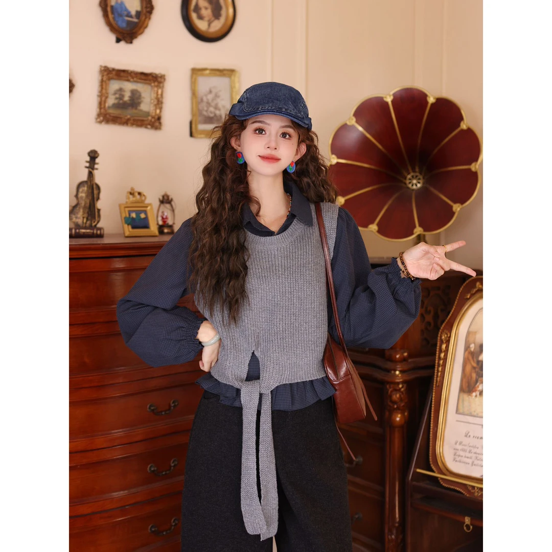 陈大器【雾中岛屿】港风复古针织马甲+格纹衬衫休闲两件套JC1989376