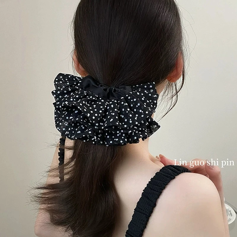 法式超仙褶皱网纱波点大肠圈双层布艺发圈芭蕾风发饰发绳新款头饰