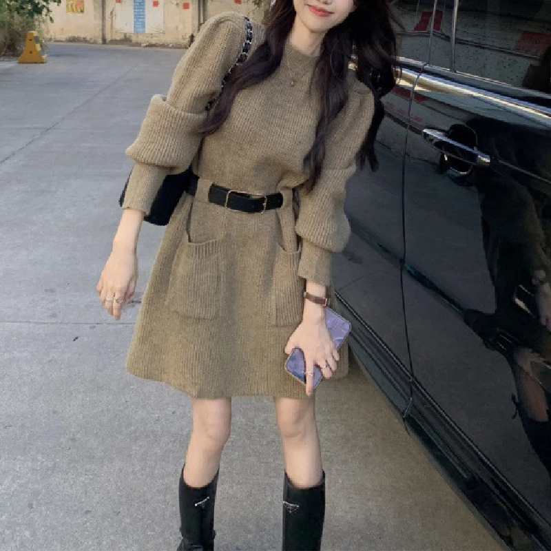 中长款毛衣裙女2025秋冬设计感小众温柔风圆领双口袋收腰显瘦休闲