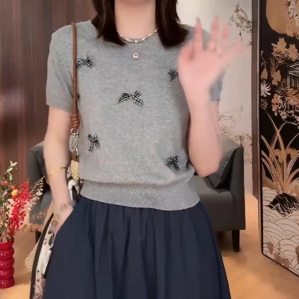 灰色复古蝴蝶结短袖针织衫女夏季高级感小个子时尚气质修身上衣