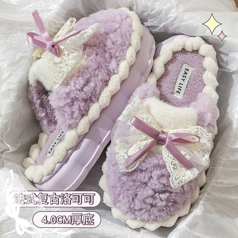 蕾丝蝴蝶结拖鞋防滑保暖家居室内棉拖鞋女款高颜值仙女风可爱保暖