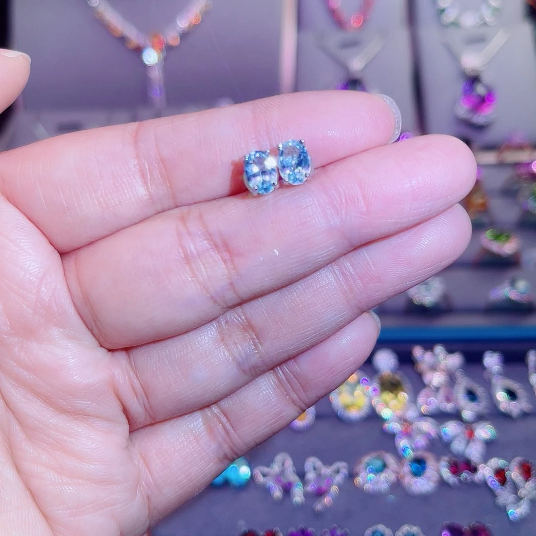 银S925镶嵌耳钉海蓝宝石