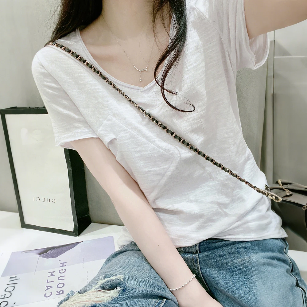 白色V领短袖修身简约T恤女夏季薄款韩系减龄显瘦百搭复古休闲上衣