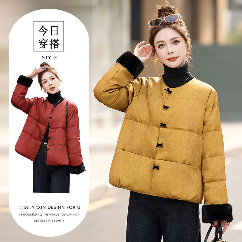 2025冬季新款轻奢风提花唐装棉服女高级感别致拼接保暖棉衣外套潮