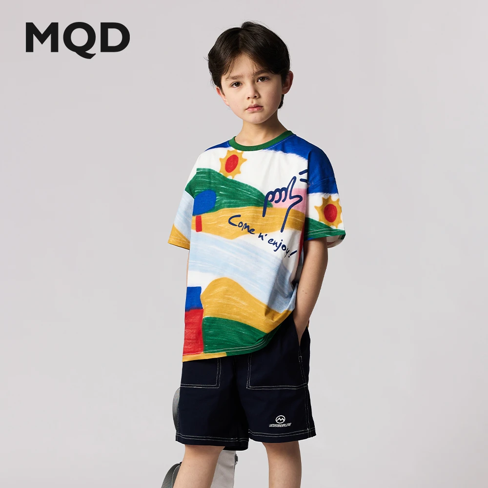 MQD马骑顿儿童夏季花色短袖百搭T宽松休闲夏季街头中大童印花圆领
