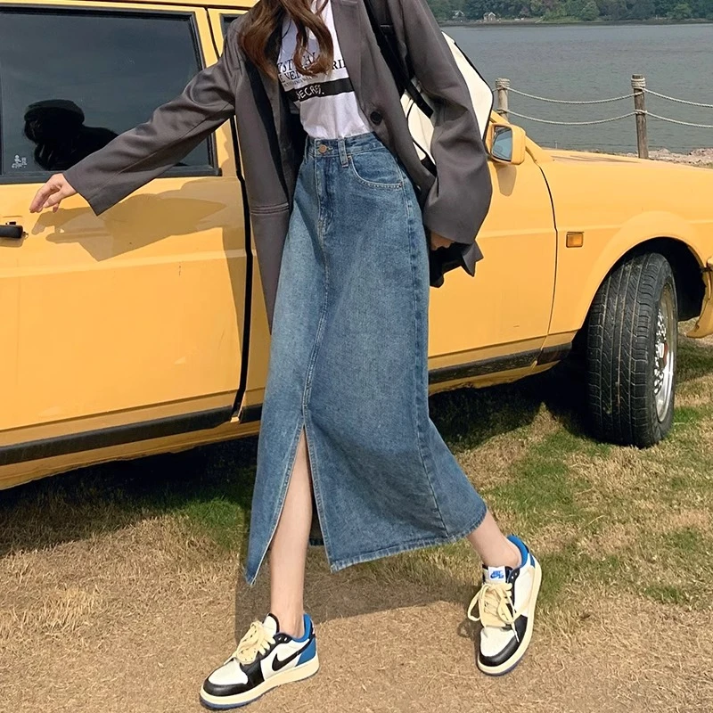 梨型身材显瘦开叉牛仔半身裙女大码微胖妹妹遮肚子遮胯a字包臀裙