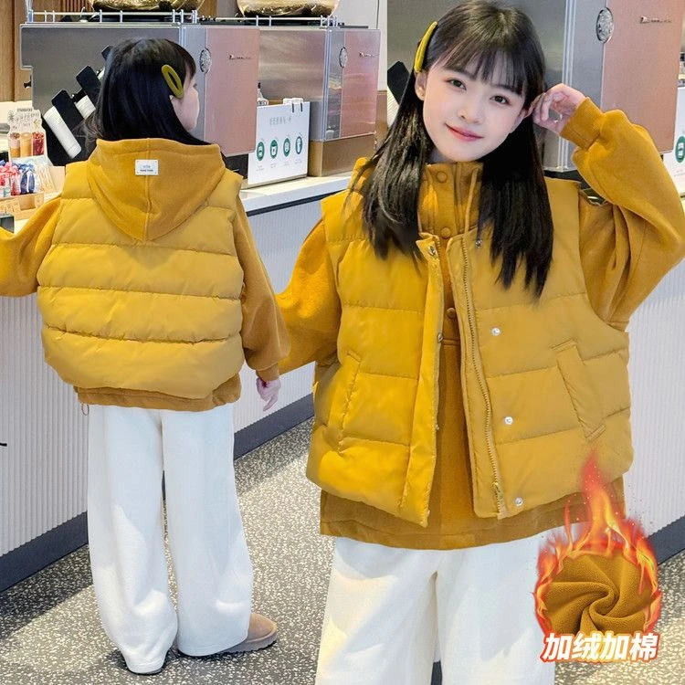 女童加绒套装秋冬2025新款儿童洋气时髦冬装夹棉加厚马甲三件套