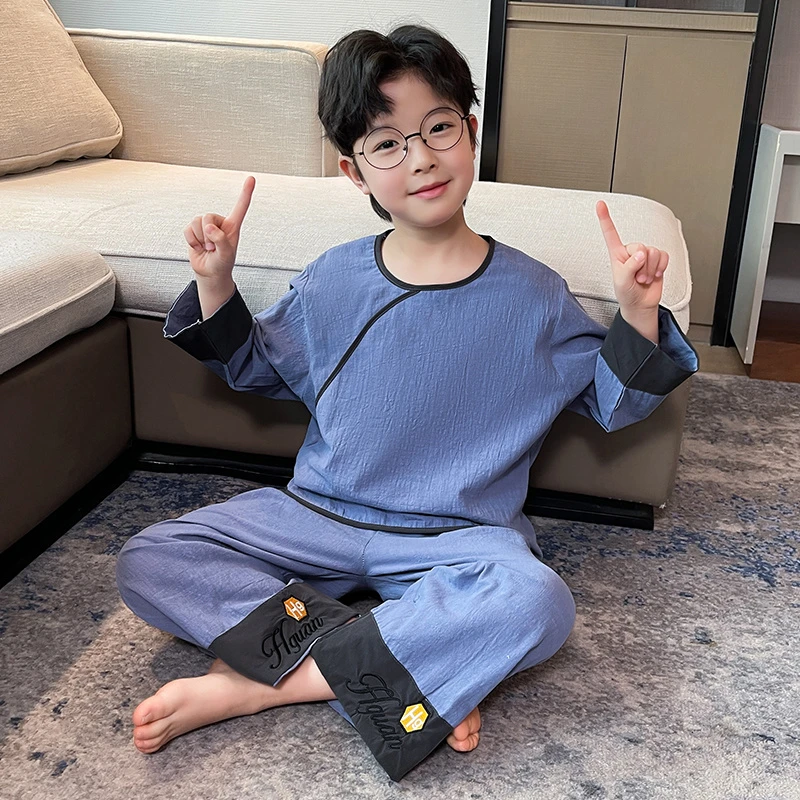 男童棉睡衣儿童春秋季薄款新中式国风外穿家居服男孩夏空调服套装