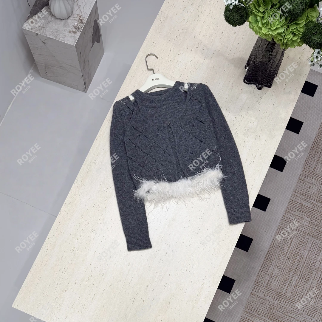 【温雅绮梦】甜美下摆毛毛拼接针织衫上衣+背心吊带两件套女RY1774