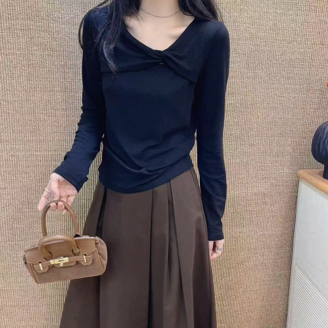 Meiky饼 甜美气质 洋气蝴蝶结设计感扭结长袖T恤 4色