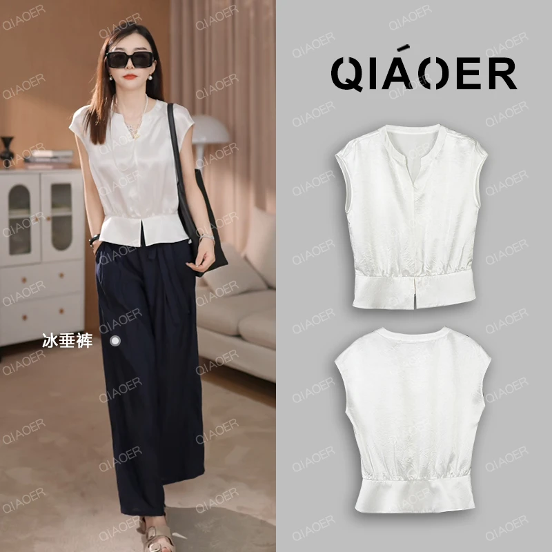 乔儿定制【100醋酸v领t】新款上衣显瘦白色针织时尚百搭夏季纯色