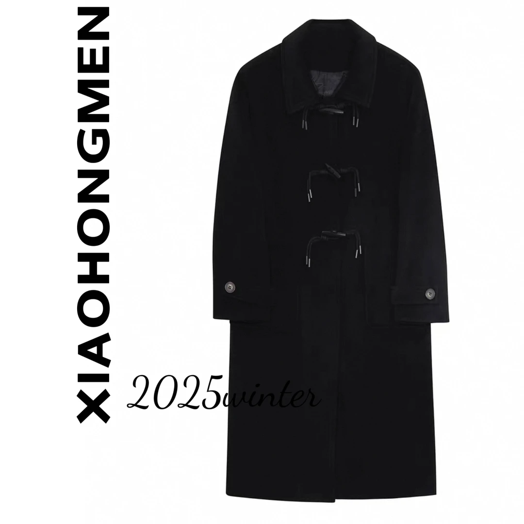 A992  2025秋冬新款简约高级感黑色牛角扣百搭呢子大衣外套