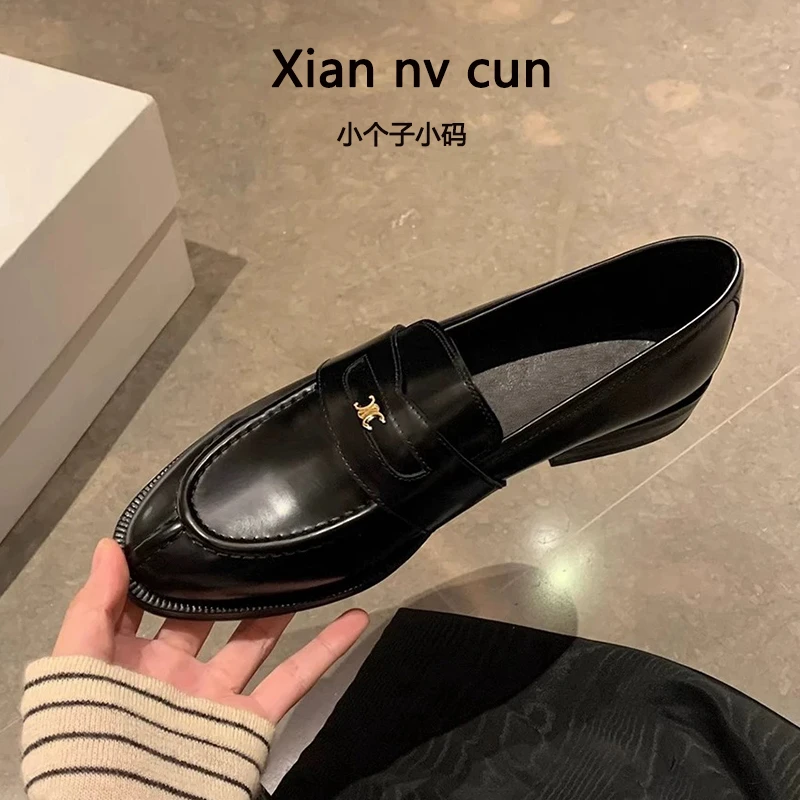 小个子小码英伦风圆头小金扣单鞋女内增高乐福冬方头一脚蹬乐福鞋