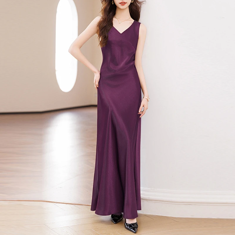 高端醋酸缎面无袖连衣裙女夏新款修身显瘦丝滑垂感气质大摆裙长裙