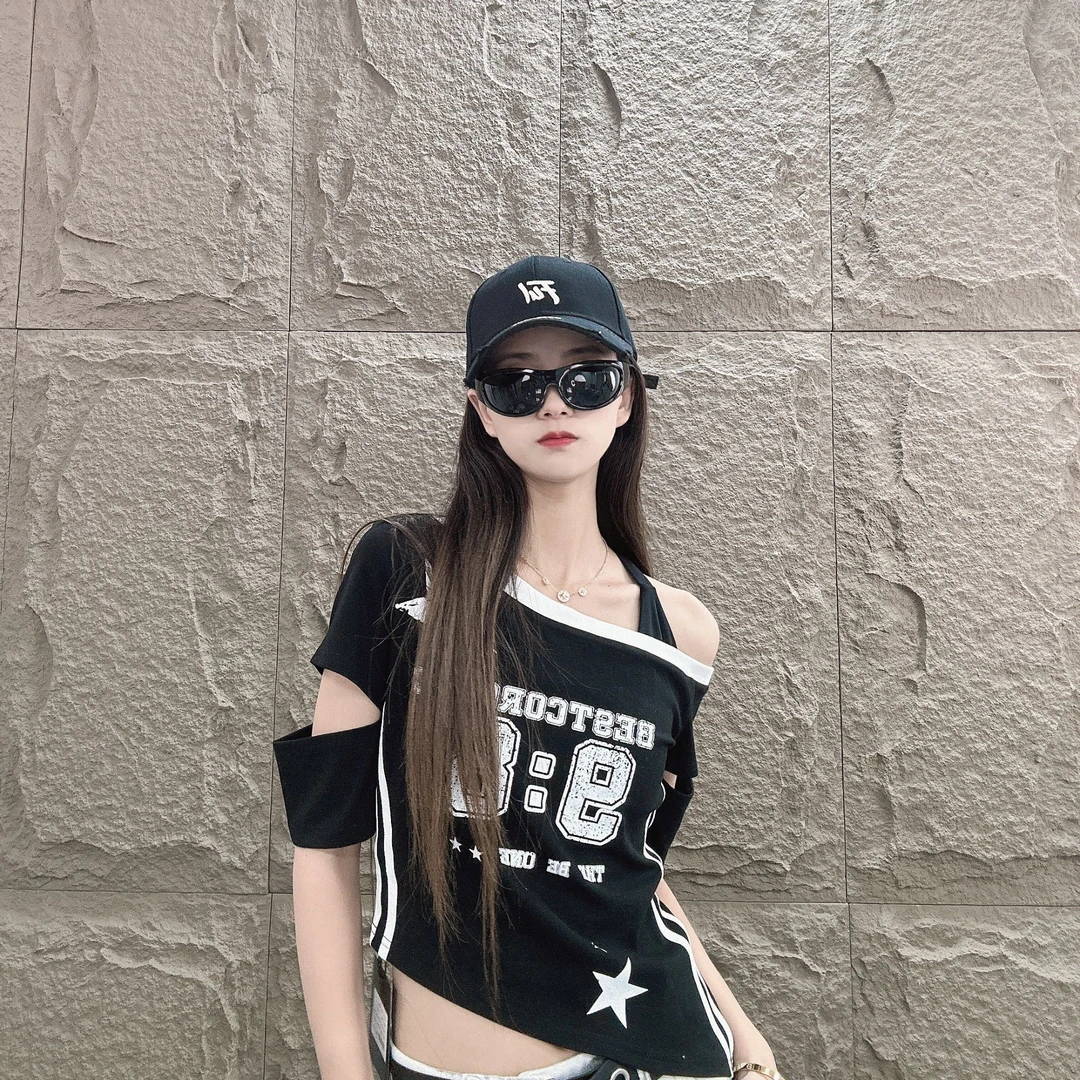 DL8820辣妹斜领露肩撞色印花短袖T恤夏季韩版百搭纯欲打底衫8820