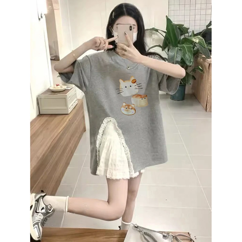 不规则开叉短袖T恤女夏季爆款纯棉2025新款百搭宽松拼接蕾丝上衣