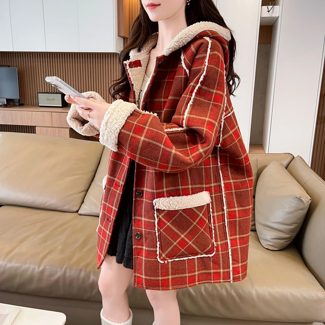 学院风两面穿圣诞红格子连帽外套女高级感初中高中学生加厚棉服冬