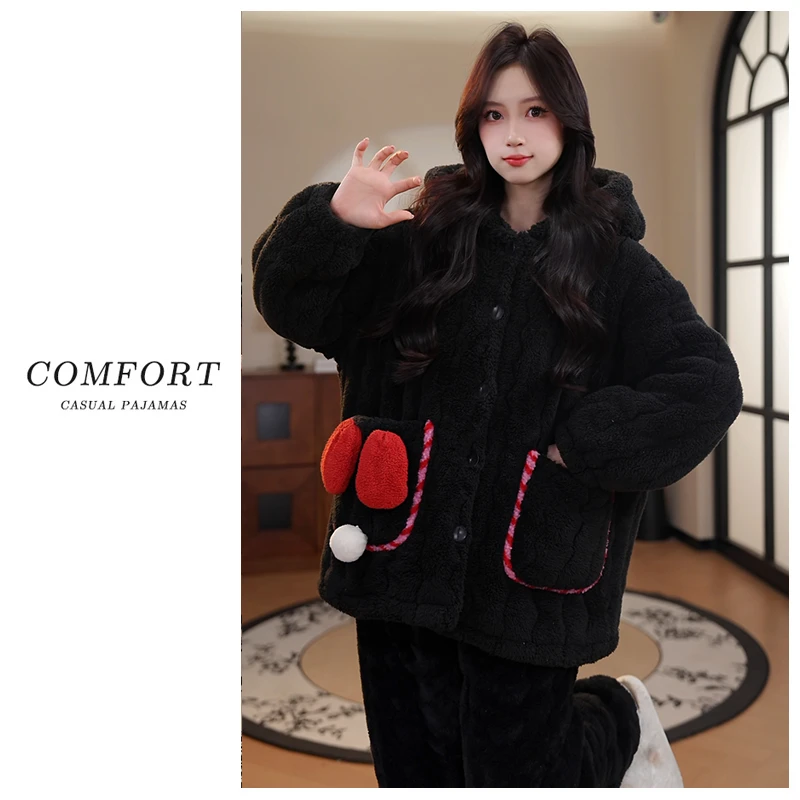 【加加加厚-更保暖】珊瑚绒三层夹棉睡衣女冬天保暖连帽家居服套装